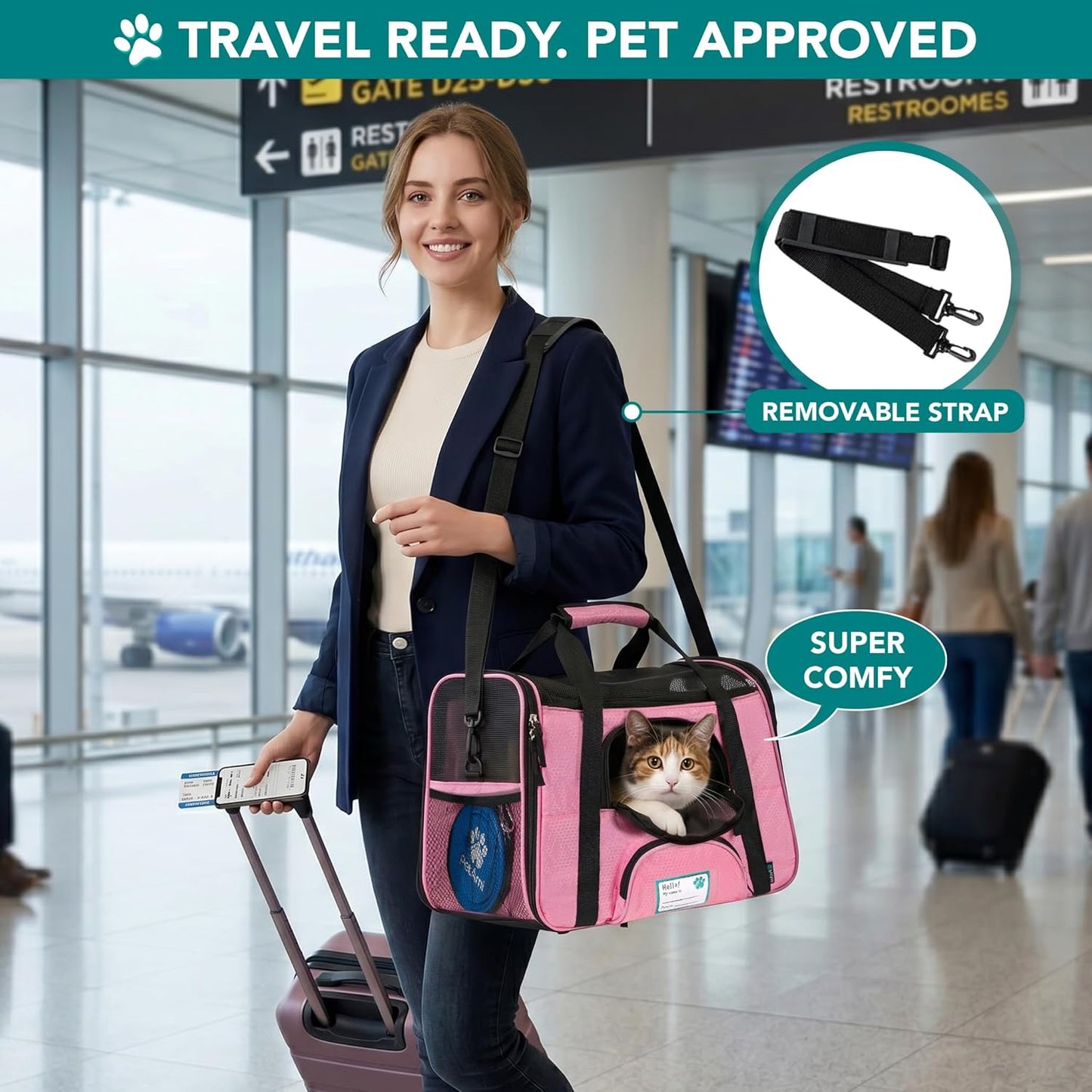 Airline Approved Pet Carrier for Cat, Soft Sided Dog Carrier for Small Dogs, Cat Travel Supplies Accessories for Indoor Cats, Ventilated Pet Carrying Bag Medium Large Kitten Puppy, Large Pink | Soft Sided TSA Travel Bag, Sherpa Bed, Breathable Mesh Ventilation, Collapsible Bowl, Fits under Seat, up to 18 Lbs