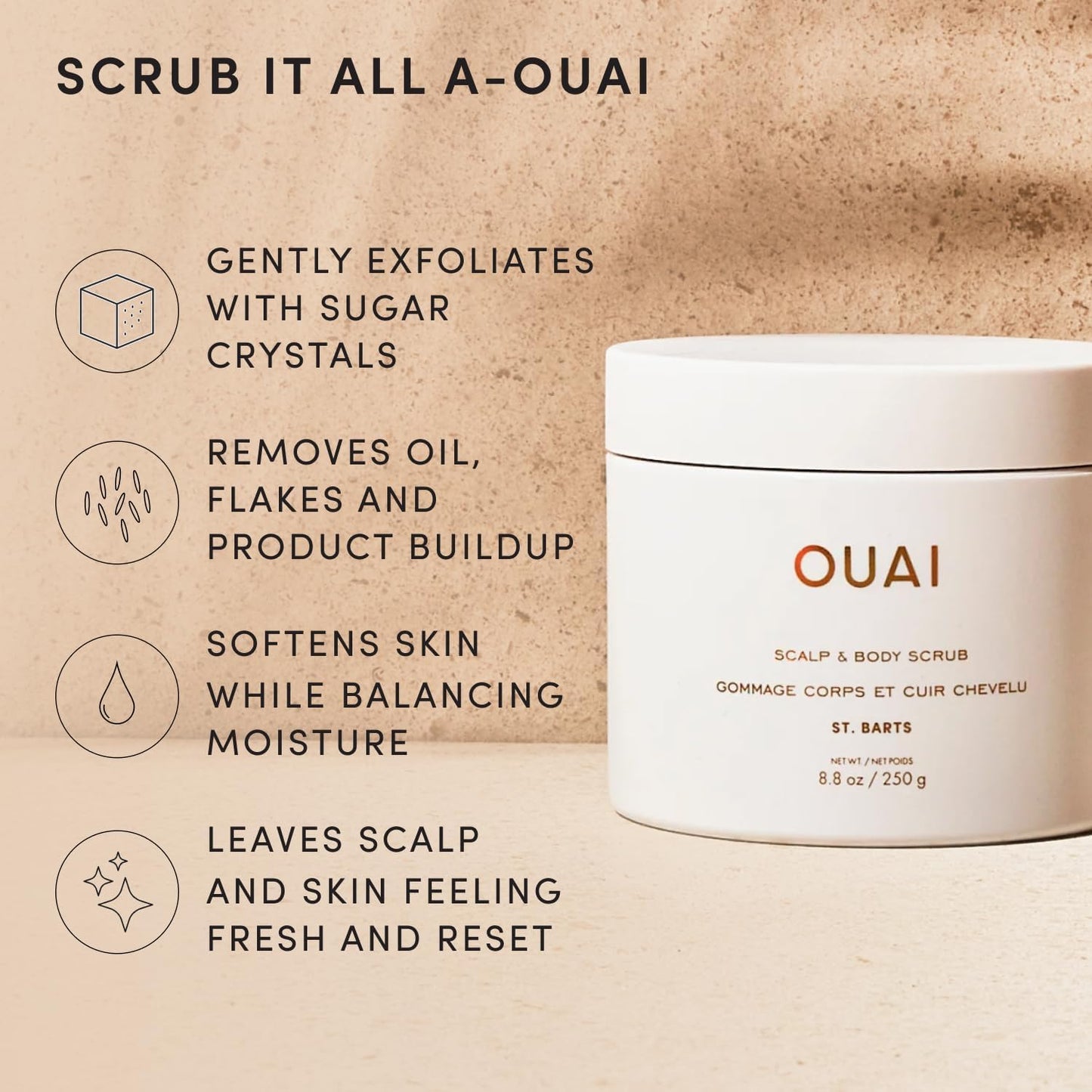 Scalp & Body Scrub, St. Barts - Foaming Coconut Oil Sugar Scrub & Gentle Scalp Exfoliator Cleanses, Removes Buildup & Moisturizes Skin - Paraben, Phthalate and Sulfate Free Body Care - 250G