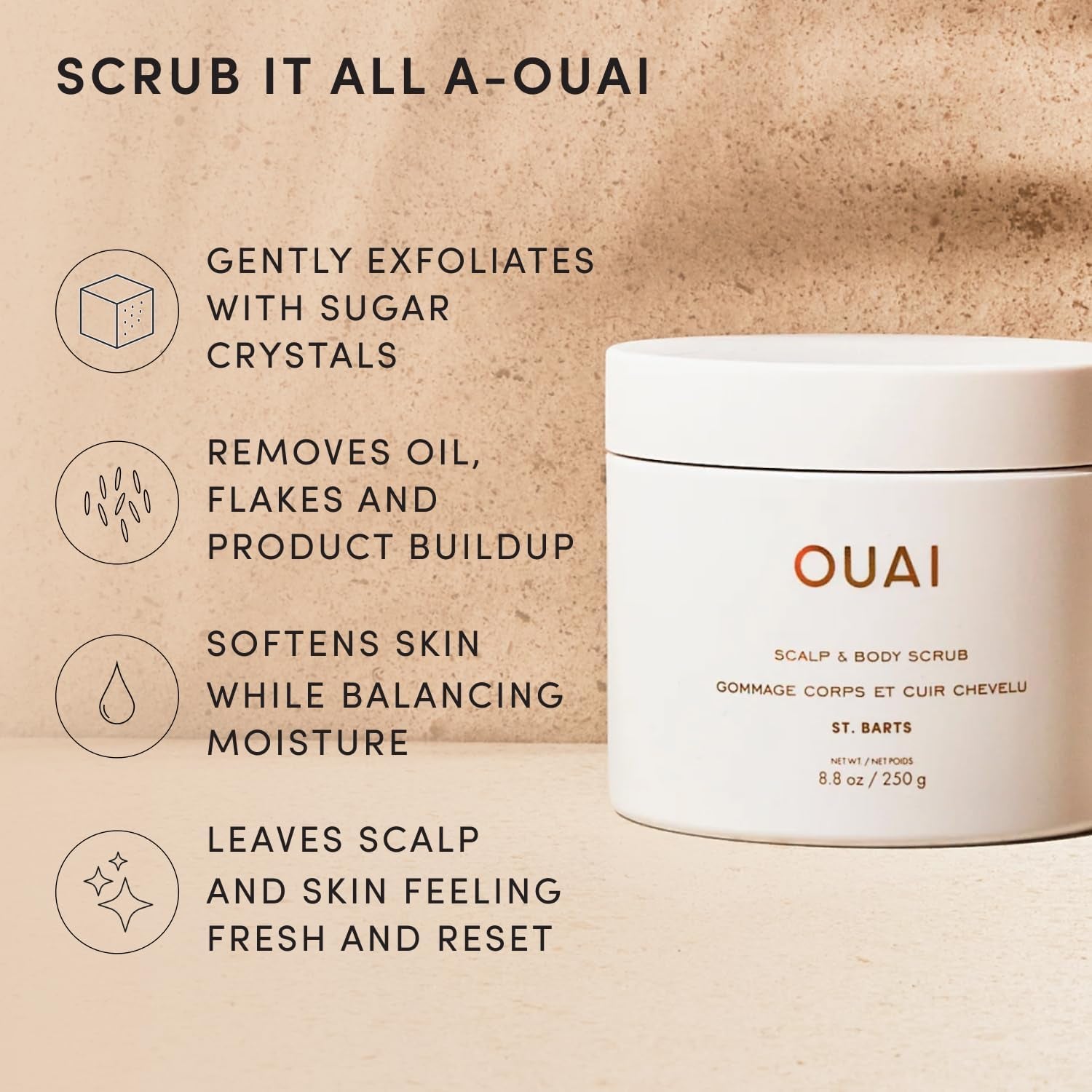 Scalp & Body Scrub, St. Barts - Foaming Coconut Oil Sugar Scrub & Gentle Scalp Exfoliator Cleanses, Removes Buildup & Moisturizes Skin - Paraben, Phthalate and Sulfate Free Body Care - 250G