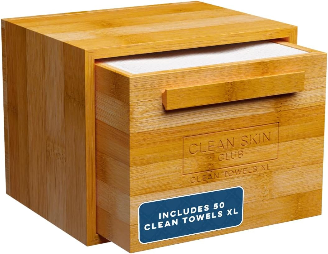 Luxe Bamboo Container with Pullout Drawer Includes Clean Towels® Original XL 50 Count, Disposable Face Towel Holder for Bathroom Counter