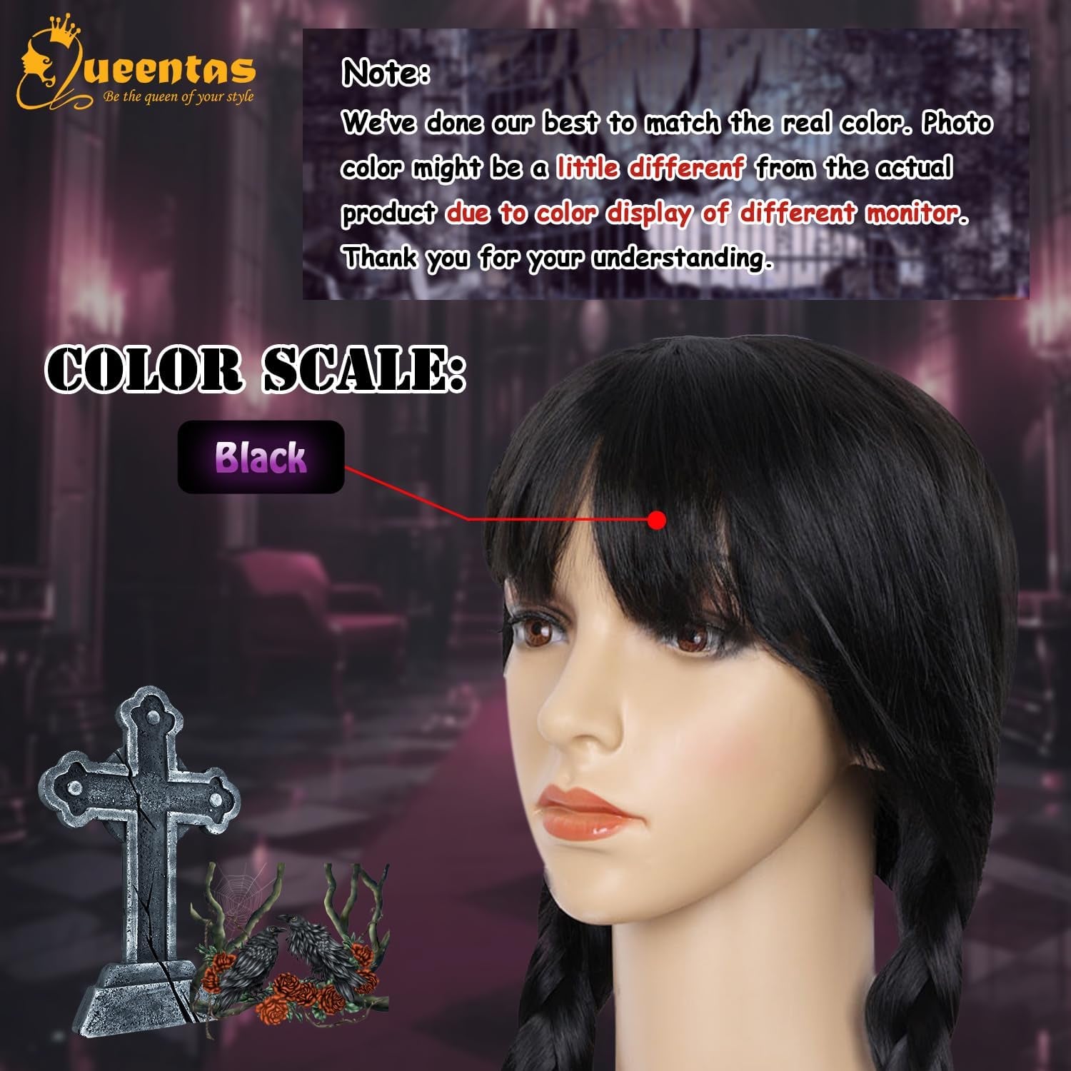 19Inch Long Braided Wigs for Women Black Long Straight Hair Costume Wigs for Halloween Party Cosplay