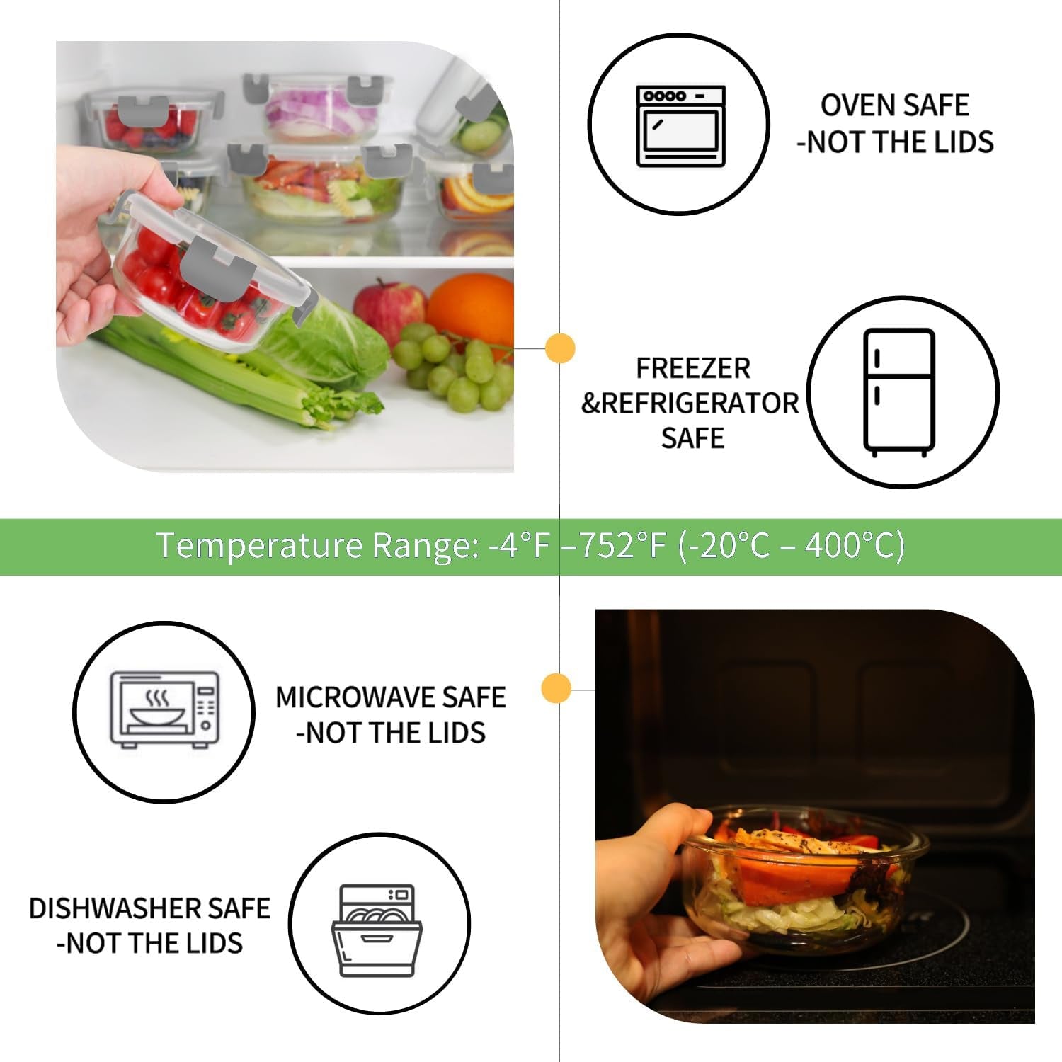 Glass Food Storage Containers with Lids, [18 Piece] Glass Meal Prep Containers, Airtight Lunch Bento Boxes, Bpa-Free & Leak Proof (9 Lids & 9 Containers) - Grey