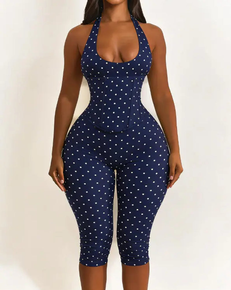 Women’S Seamless Polka Dot Shapewear Halter Bodysuit 2-Piece Set, Tummy Control & Butt Lift Waist Trainer
