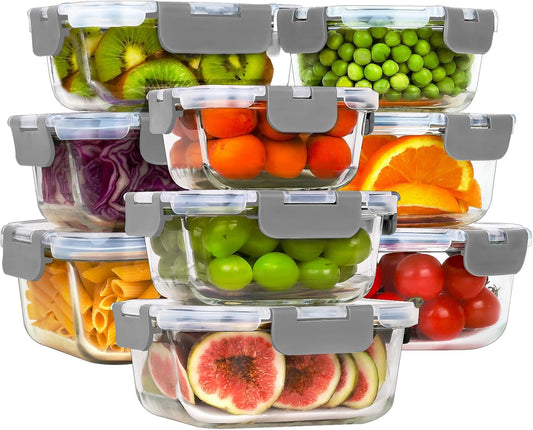 Glass Food Storage Containers with Lids, [18 Piece] Glass Meal Prep Containers, Airtight Lunch Bento Boxes, Bpa-Free & Leak Proof (9 Lids & 9 Containers) - Grey