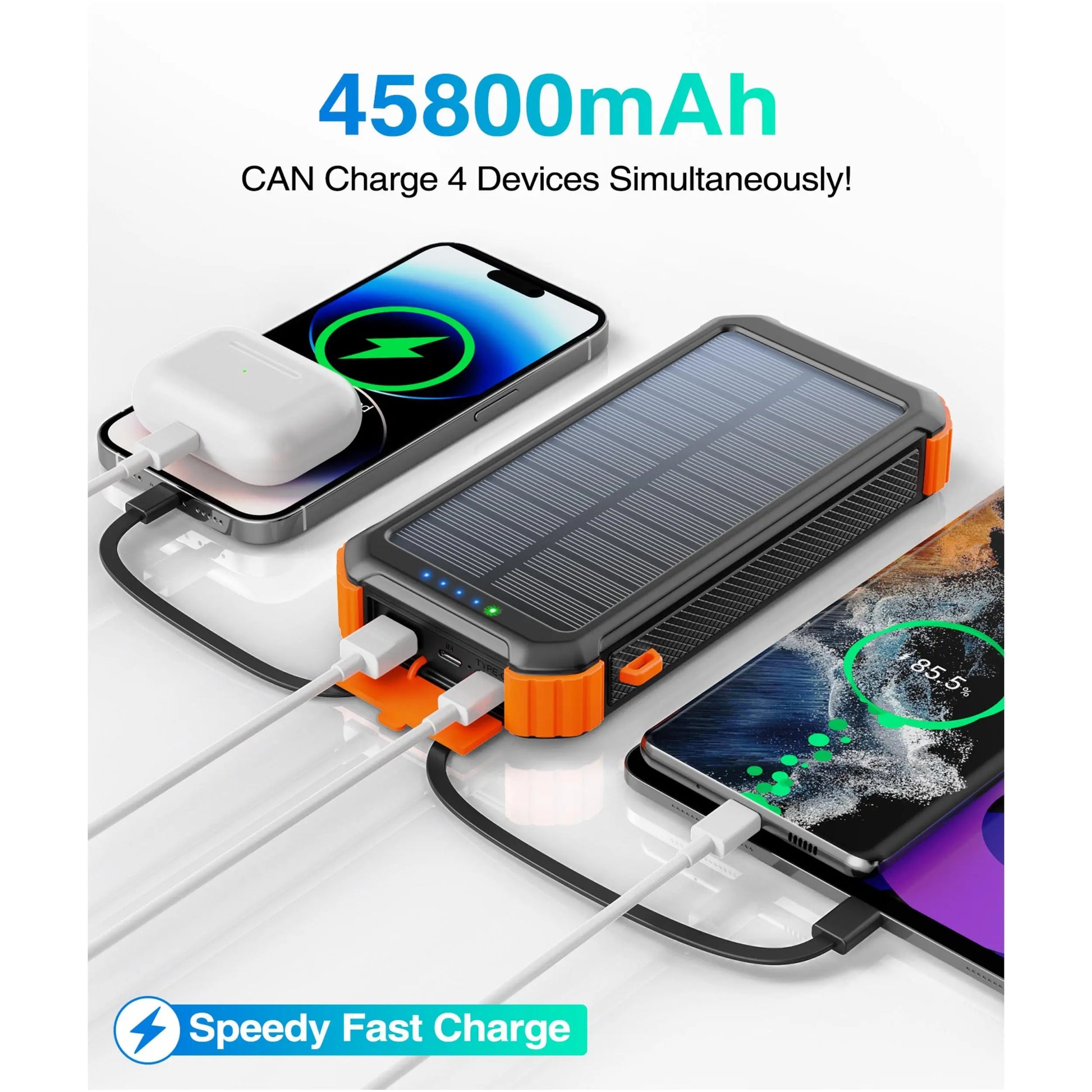 45800Mah Solar Power Bank, Built in 3 Cables Portable Phone Charger with USB C, 5V3.1A QC 3.0 Fast Charging, Compatible with Iphone, Samsung, Google, Apple, and More Smartphone Tiktokshopbacktoschool