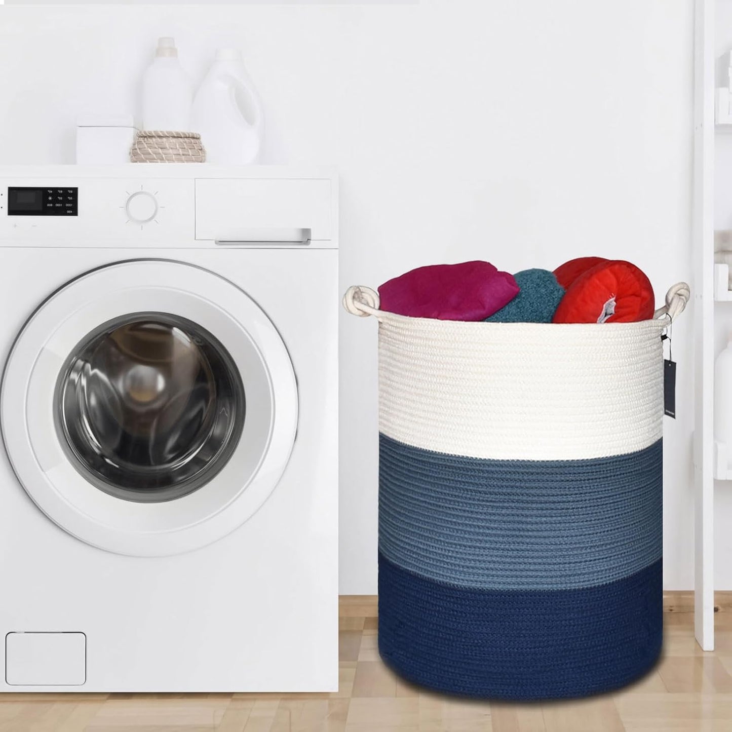 Tall Woven Blanket Basket, Laundry Hamper 72L, White & Blue | Cotton Rope, 40 X 55 Cm, Large Nursery Hamper for Storage of Toys Clothes Towels, Great for Living Rooms Bedrooms Bathrooms