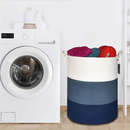 Tall Woven Blanket Basket, Laundry Hamper 72L, White & Blue | Cotton Rope, 40 X 55 Cm, Large Nursery Hamper for Storage of Toys Clothes Towels, Great for Living Rooms Bedrooms Bathrooms