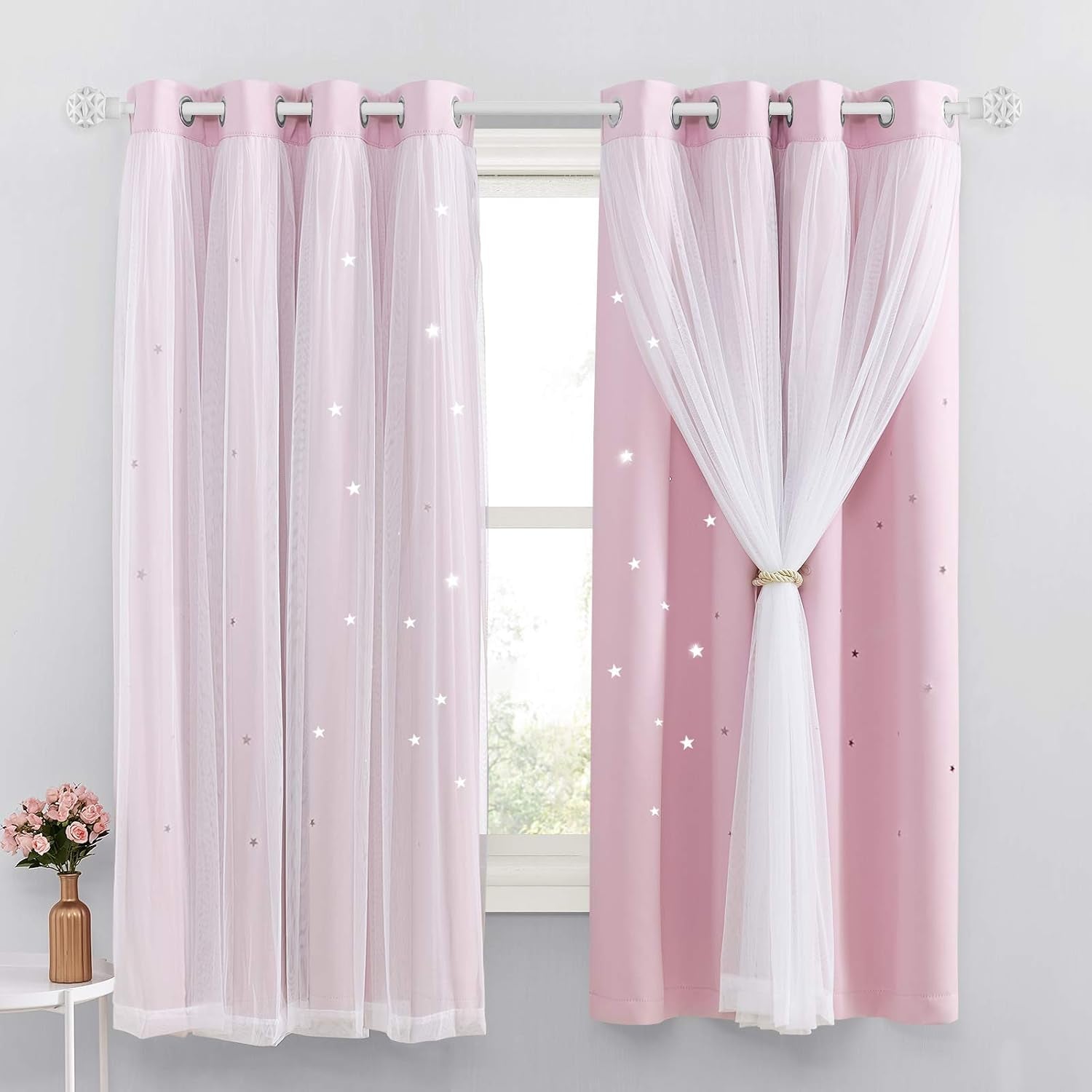 Blackout Pink Curtains - Stars Cut Out for Kids Nursery, Girls Room, Thermal Drapery with Eyelet, 2 Panels, W46 X L72 Inch (117X183 Cm), Pink
