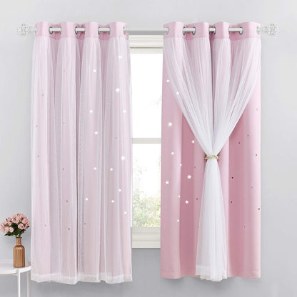 Blackout Pink Curtains - Stars Cut Out for Kids Nursery, Girls Room, Thermal Drapery with Eyelet, 2 Panels, W46 X L72 Inch (117X183 Cm), Pink