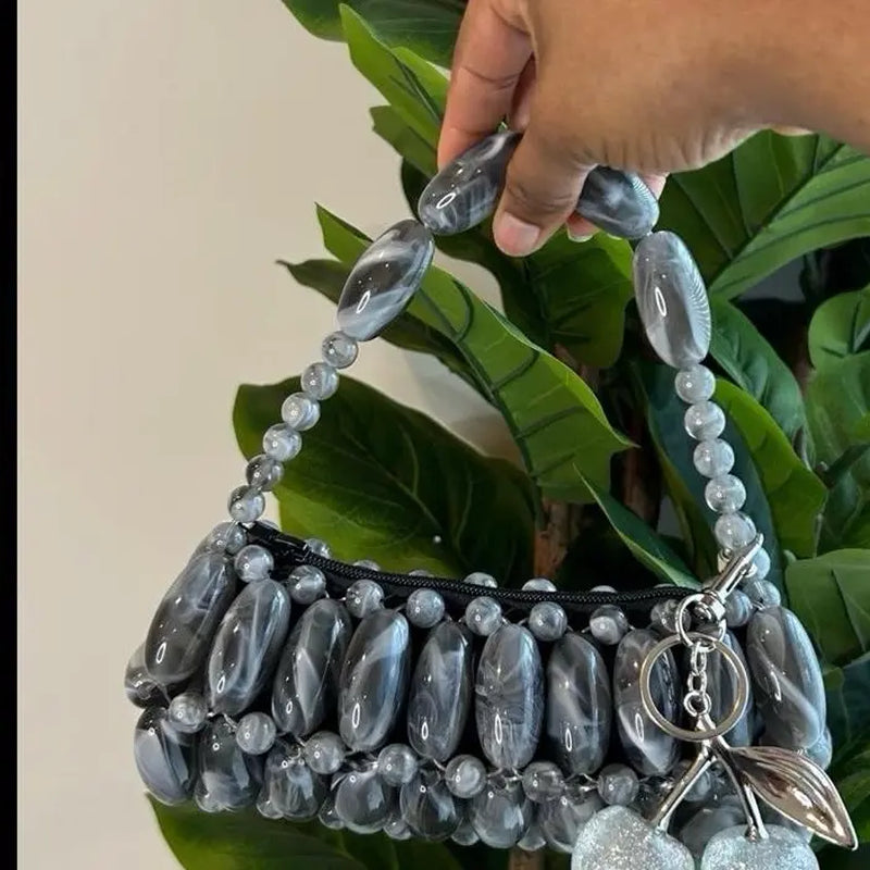 Bubblegum Handmade Beaded Bag for Outing Beaded Purse with Cherry Charm and Zipper Closure