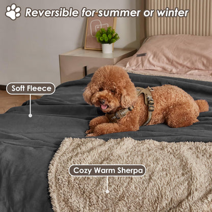 Waterproof Dog Blanket Washable, Sherpa Fleece Pet Blanket for Puppies Cats Dogs, Reversible Waterproof Protector Cover for Dog Sofa Bed, 229×203 Cm, Gray/Tuape