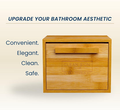 Luxe Bamboo Container with Pullout Drawer Includes Clean Towels® Original XL 50 Count, Disposable Face Towel Holder for Bathroom Counter