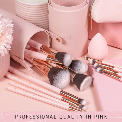 Beauty Makeup Brush Set with Case, Vegan, 15Pc, Pink Rose Gold | Kabuki, Blusher, Foundation, Powder, Contour, Eyeshadow, Brow Heads, Blending Sponge, Brush Cleaner, Gift Box