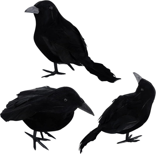 3 Pack Halloween Crows Artificial Feathered Crows Realistic Raven Birds Decorations Animal Ornament Spooky Black Feather Crow Bird for Halloween Party Prop Indoor Outdoor Home Garden Decoration Model