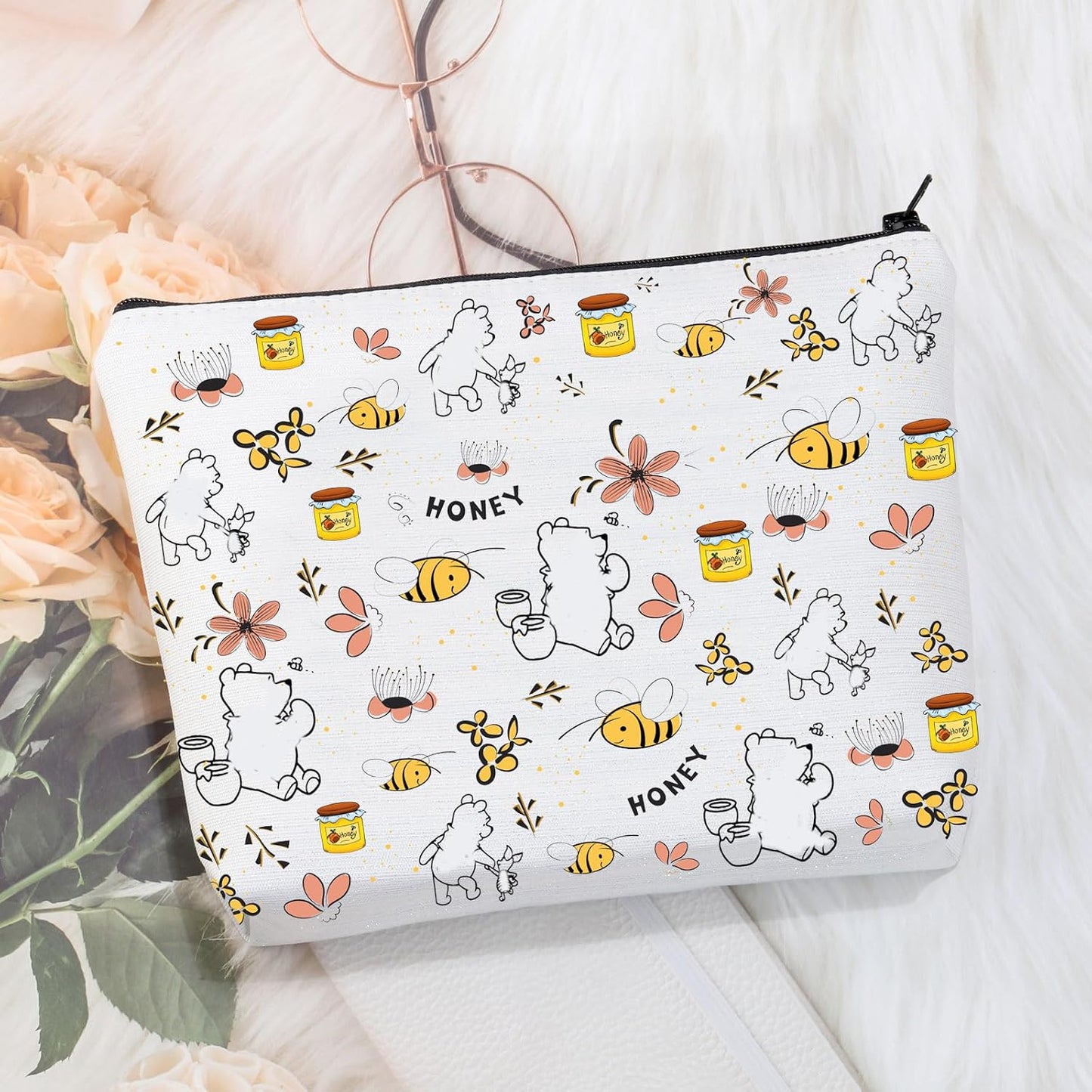 Cartoon Bear Makeup Bag Cosmetic Bag Bear Lover Gifts Bag for Women Friends Honey Bee Gifts Travel Pouch Toiletry Case (Bear Bag)