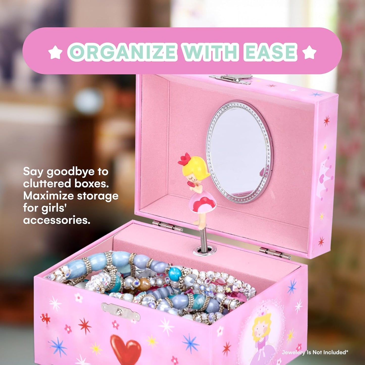 Musical Jewelry Box for Girls - Heart Princess - Ballerina Design with Classic Music - Storage Holder with Secure Drawer for Necklace, Rings, Earrings, Bracelets - 3.1"Hx5.5"Lx3.9"W, Pink