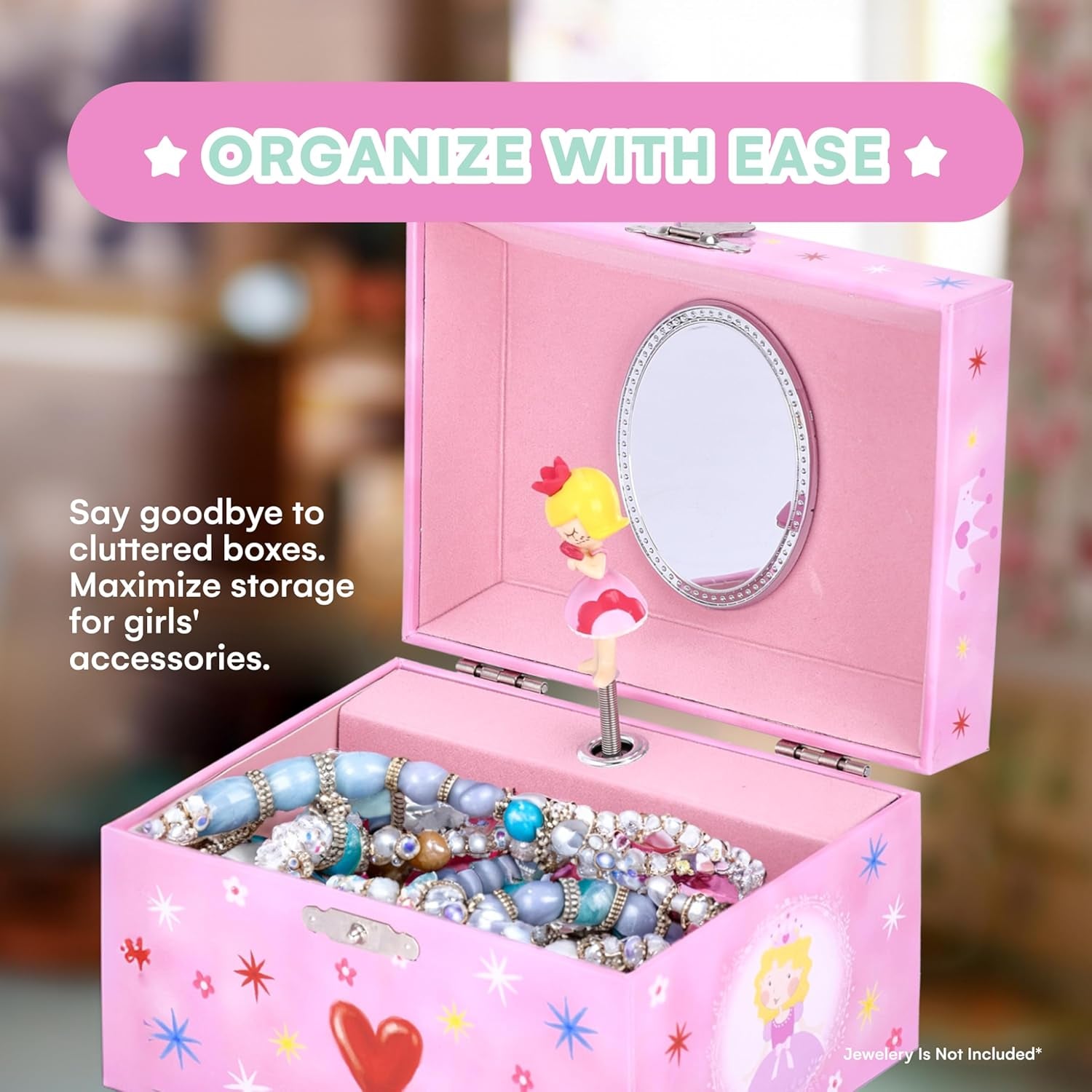 Musical Jewelry Box for Girls - Heart Princess - Ballerina Design with Classic Music - Storage Holder with Secure Drawer for Necklace, Rings, Earrings, Bracelets - 3.1"Hx5.5"Lx3.9"W, Pink