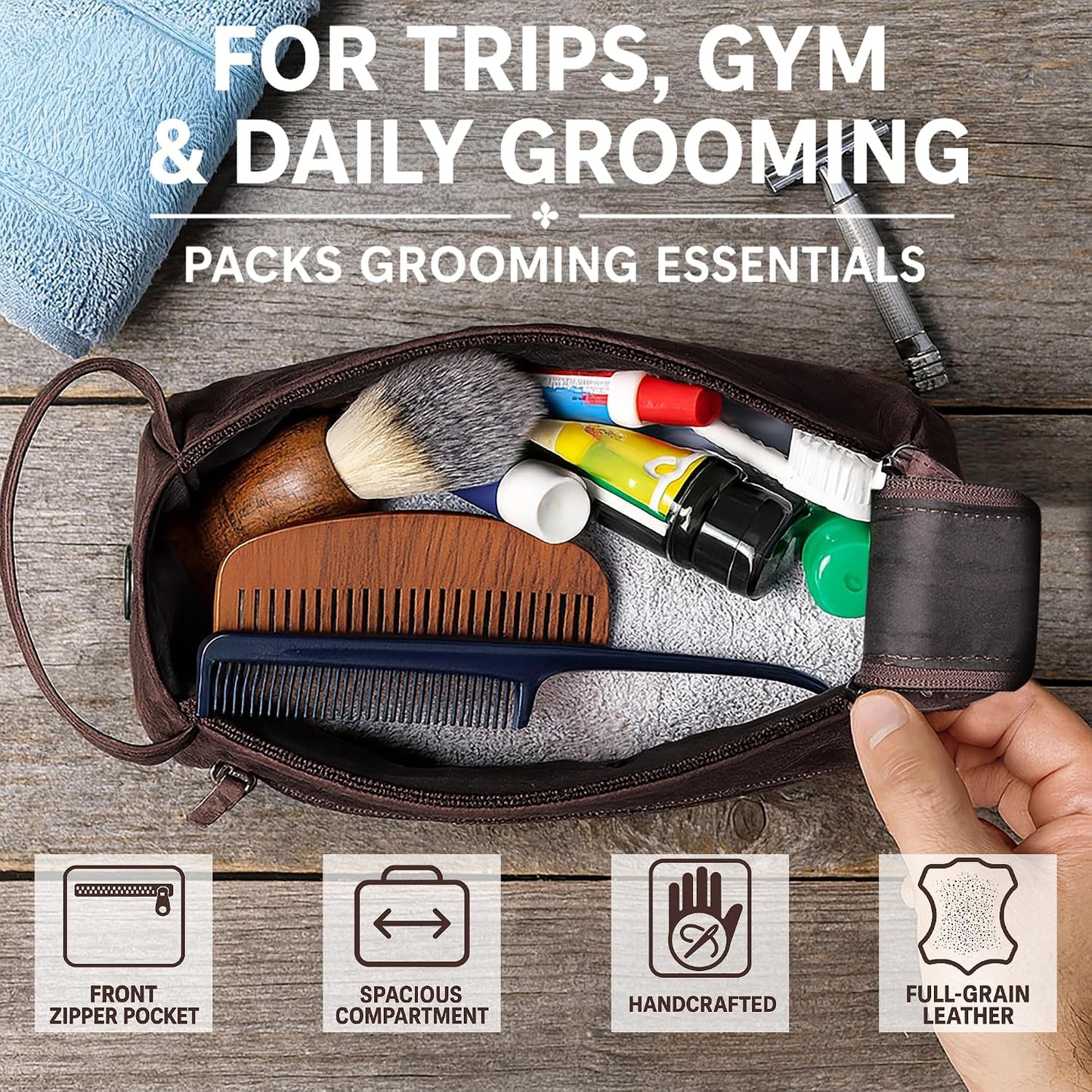 Leather Wash Bag for Men - Travel Toiletry Bag - Shaving Dopp Kit Toiletries Organizer - Leather Makeup Bag for Women | Main Compartment, Interior & Exterior Zip Pockets, YKK Zippers, Waterproof Lining; TSA Carry-On; Gifts for Him, Brown