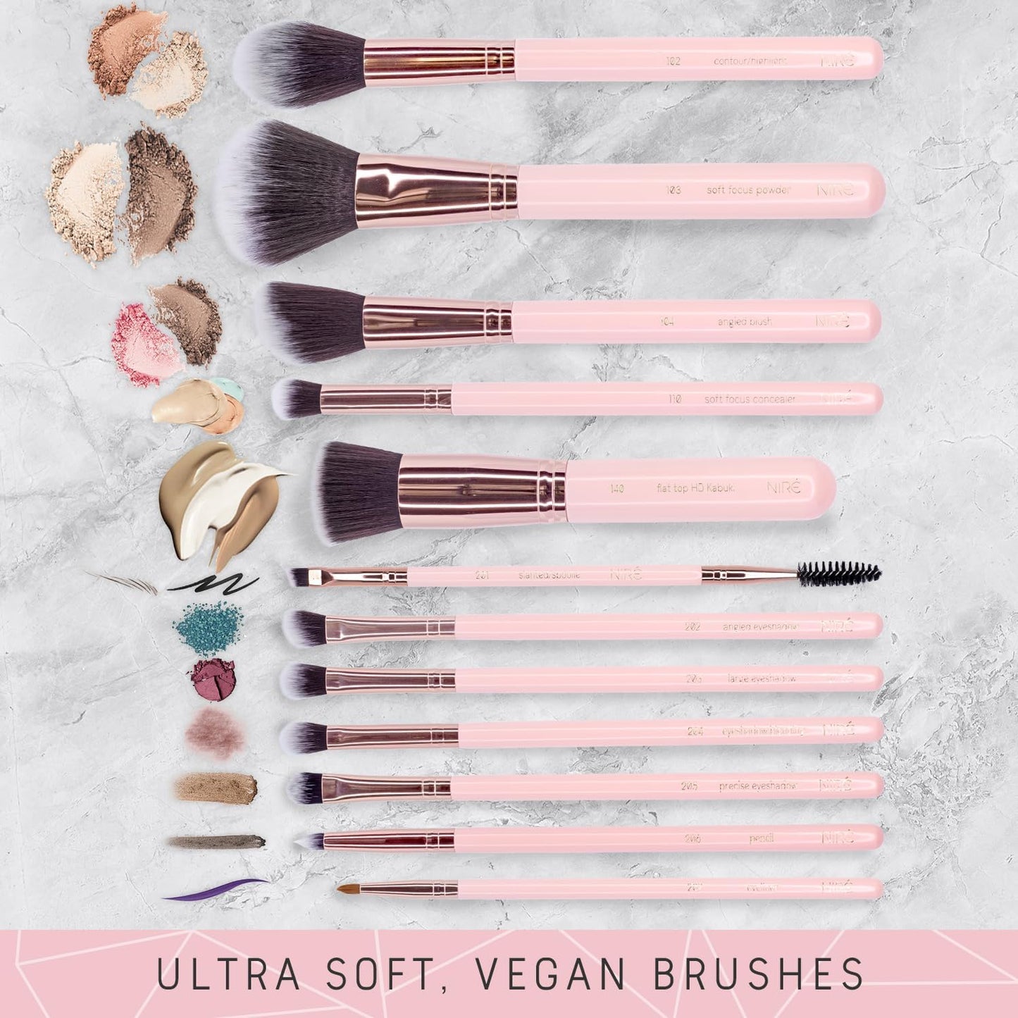 Beauty Makeup Brush Set with Case, Vegan, 15Pc, Pink Rose Gold | Kabuki, Blusher, Foundation, Powder, Contour, Eyeshadow, Brow Heads, Blending Sponge, Brush Cleaner, Gift Box