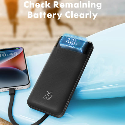 Charmast 20,000Mah Ultra-Slim Power Bank & Portable Charger – 20W Fast Charging with Built-In Cables for Smartphones, Tablets & USB-C Devices – Travel-Friendly Rechargeable Battery Pack, Black Compact Digital Gadget，Travel Essentials #Tiktokshopsummersale