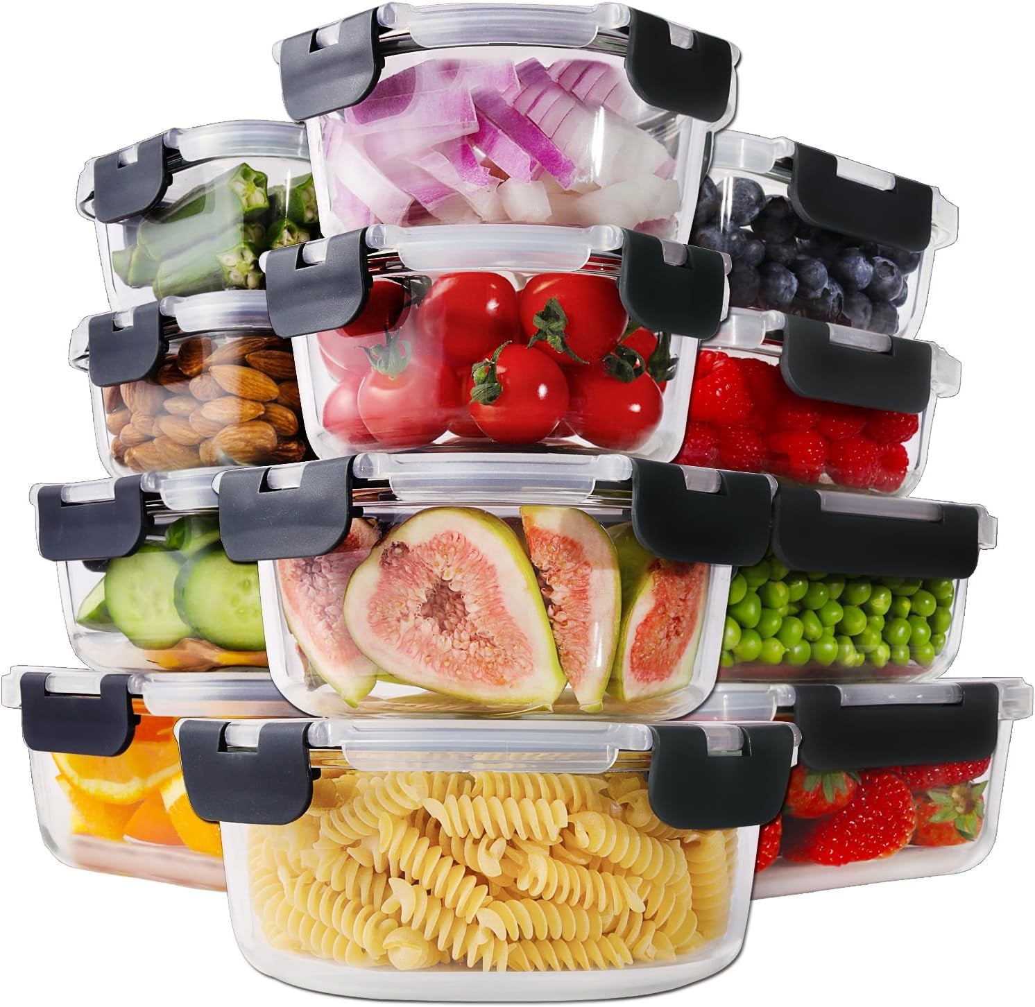 24Pc Borosilicate Glass Food Storage Containers with Lids, Glass Meal Prep Containers with Leak Proof Snap Lock, Airtight Bento Lunch Boxes, Kitchen Storage (12 Lids & 12 Containers)-Black