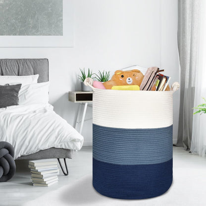 Tall Woven Blanket Basket, Laundry Hamper 72L, White & Blue | Cotton Rope, 40 X 55 Cm, Large Nursery Hamper for Storage of Toys Clothes Towels, Great for Living Rooms Bedrooms Bathrooms