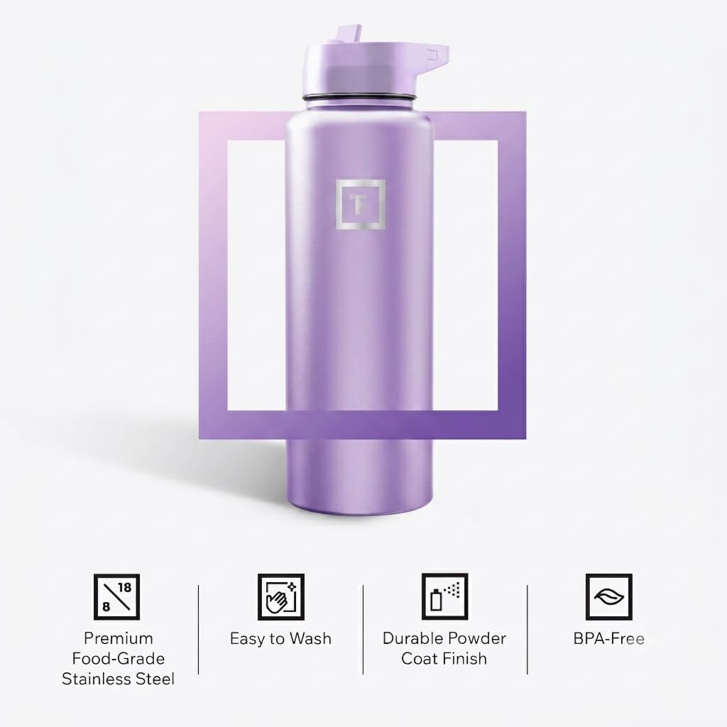 40 Oz Wide Mouth Water Bottle with Straw | Insulated Stainless Steel Sports Water Bottle with Leakproof Straw Lid - BPA Free, Cold 24 Hrs, Sweat Free (Lavender)