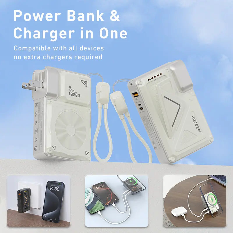 6 in 1 Magnetic Power Bank Charger 10,000Mah Portable Charger with Built-In Cable and Foldable AC Plug，22.5W Max，Portable Charger with Built-In Cables, for Samsung Google Pixel LG Moto Iphone Ipad