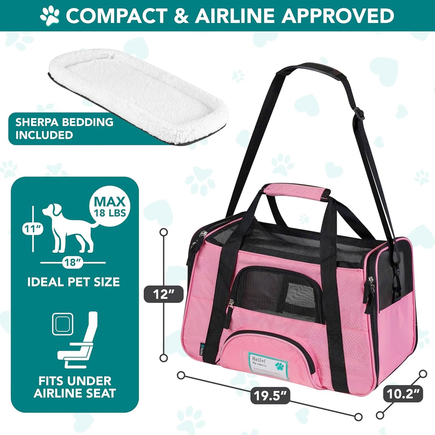 Airline Approved Pet Carrier for Cat, Soft Sided Dog Carrier for Small Dogs, Cat Travel Supplies Accessories for Indoor Cats, Ventilated Pet Carrying Bag Medium Large Kitten Puppy, Large Pink | Soft Sided TSA Travel Bag, Sherpa Bed, Breathable Mesh Ventilation, Collapsible Bowl, Fits under Seat, up to 18 Lbs