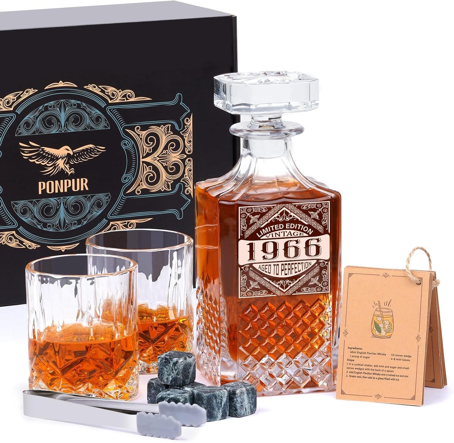 1966 60Th Birthday Gifts for Men Dad, 1966 Laser Whiskey Decanter Set with Gift Box, Anniversary Bday Gift Ideas for Him Husband, 60 Years Decorations, Whiskey Glasses & Whisky Stones Inc.
