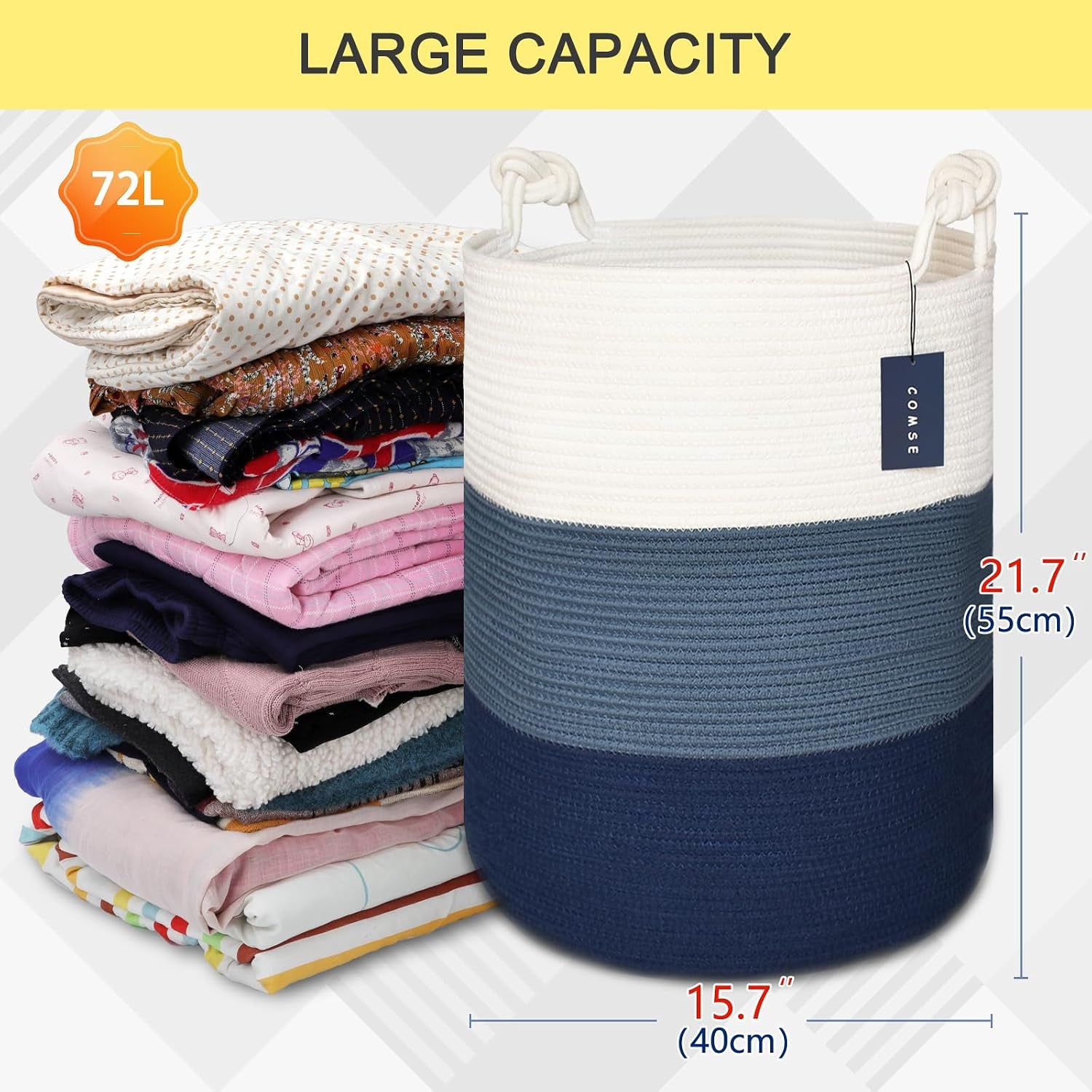 Tall Woven Blanket Basket, Laundry Hamper 72L, White & Blue | Cotton Rope, 40 X 55 Cm, Large Nursery Hamper for Storage of Toys Clothes Towels, Great for Living Rooms Bedrooms Bathrooms