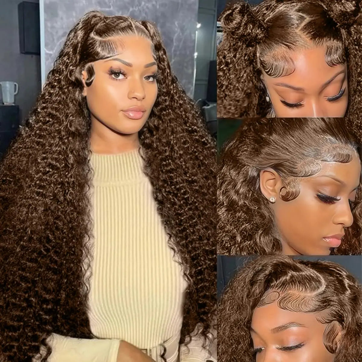 Chocolate Brown 13X6 Lace Front Wigs Human Hair Deep Wave Wig, 180 Density HD Transparent Lace Frontal Deep Wave Wigs for Women, Pre Plucked with Baby Hair, Curly Wig Brown Color