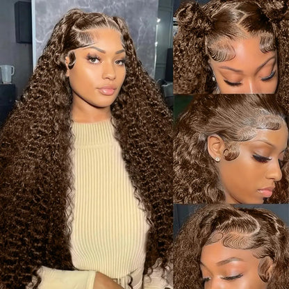 Chocolate Brown 13X6 Lace Front Wigs Human Hair Deep Wave Wig, 180 Density HD Transparent Lace Frontal Deep Wave Wigs for Women, Pre Plucked with Baby Hair, Curly Wig Brown Color