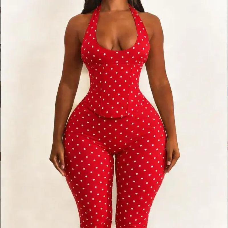 Women’S Seamless Polka Dot Shapewear Halter Bodysuit 2-Piece Set, Tummy Control & Butt Lift Waist Trainer