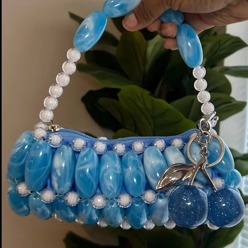 Bubblegum Handmade Beaded Bag for Outing Beaded Purse with Cherry Charm and Zipper Closure