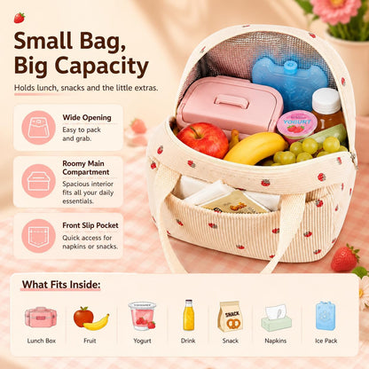 Lunch Bag for Women Men Cute Corduroy Lunch Tote Bags Reusable Insulated Lunch Box Large Capacity Reusable Insulated Cooler for School Work or Travel