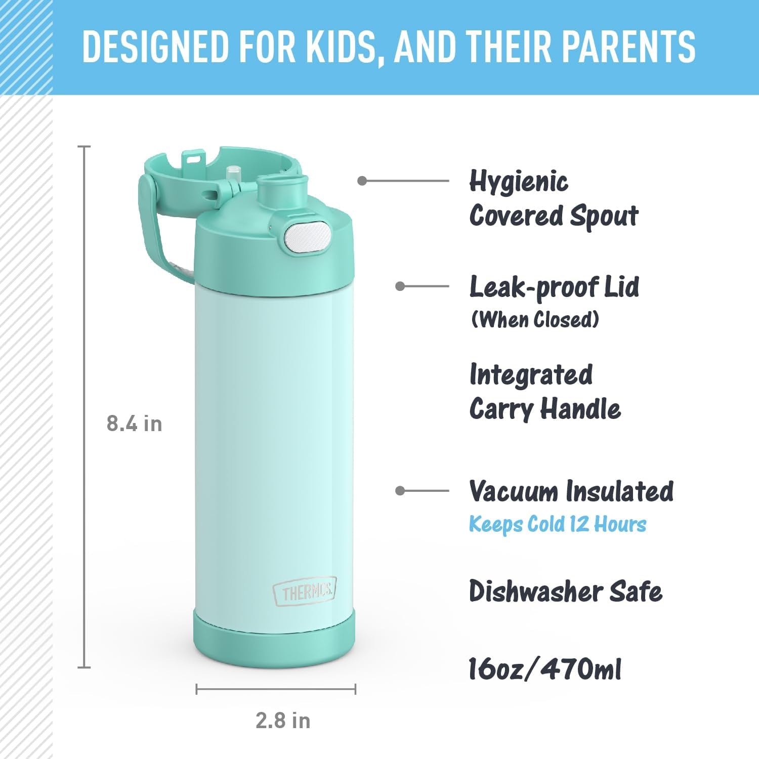 FUNTAINER 16 Ounce Stainless Steel Vacuum Insulated Bottle with Wide Spout Lid, Mint