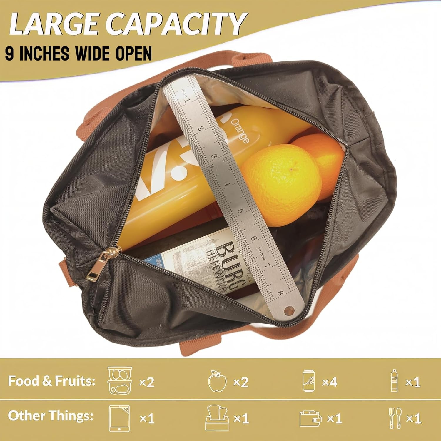 Large Insulated Lunch Bag for Work, Women'S Nylon Thermal Lunch Box, Leakproof Cooler Tote Bag with Storage Pocket (Black)