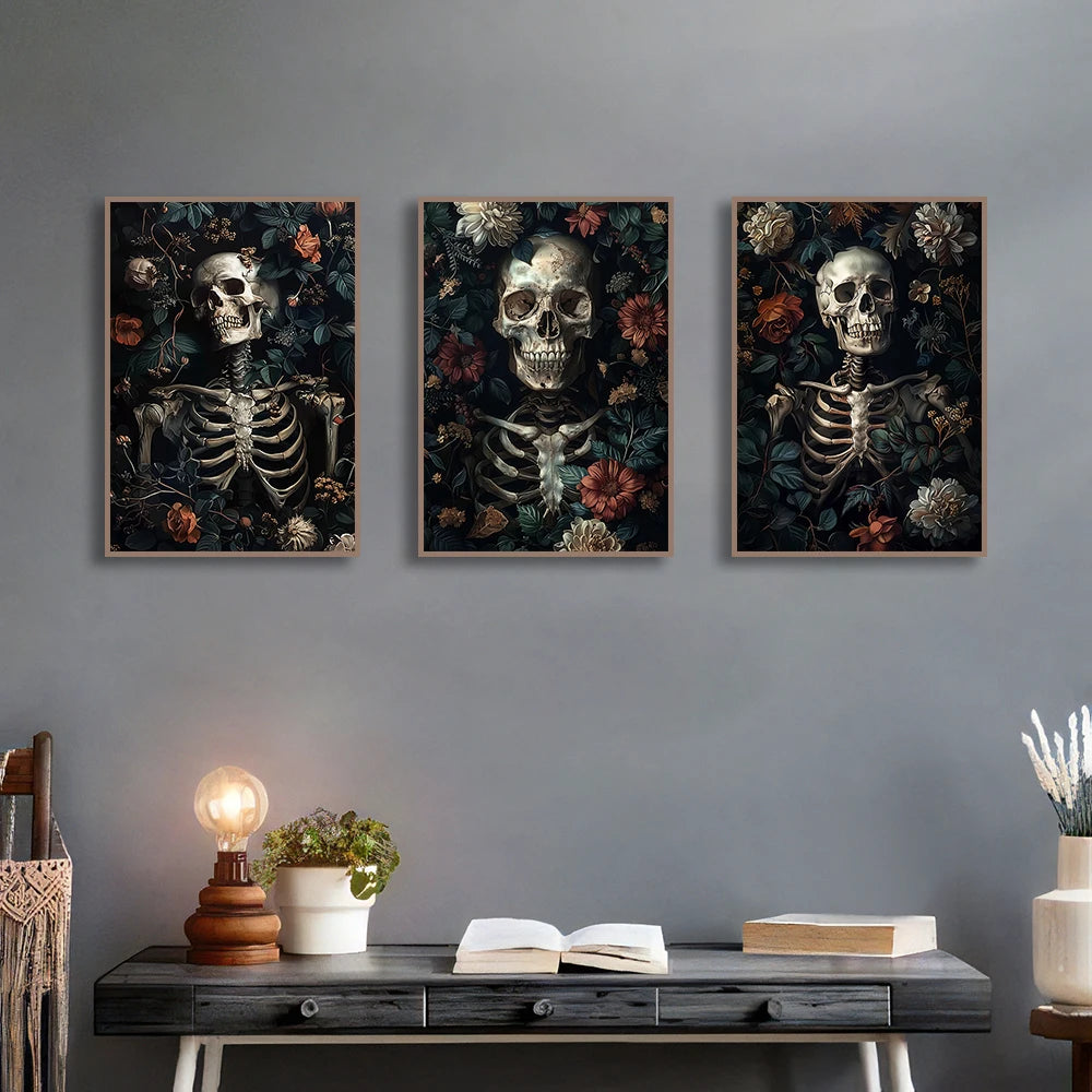 3Pcs/Sets Ghost Skeleton Posters and Prints Canvas Painting Gothic Flowers Wall Art for Home Living Room Decor Halloween Gifts