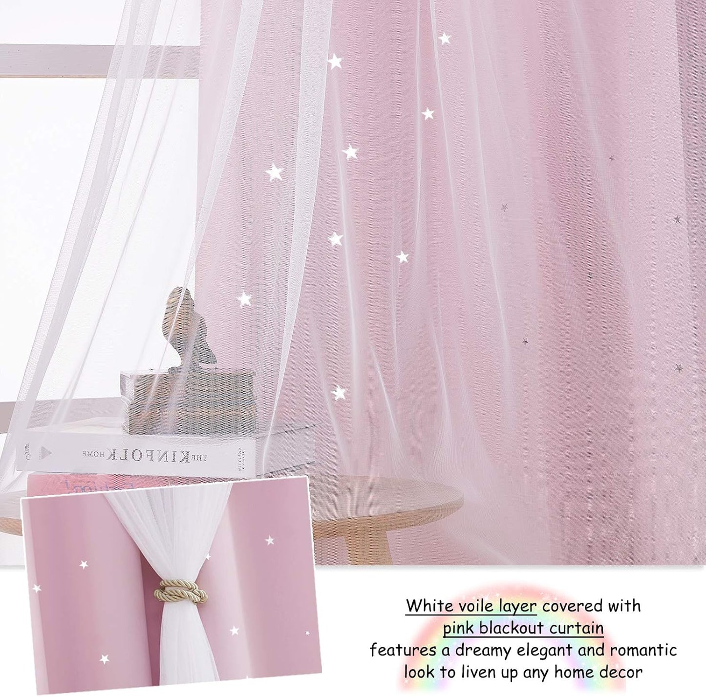 Blackout Pink Curtains - Stars Cut Out for Kids Nursery, Girls Room, Thermal Drapery with Eyelet, 2 Panels, W46 X L72 Inch (117X183 Cm), Pink