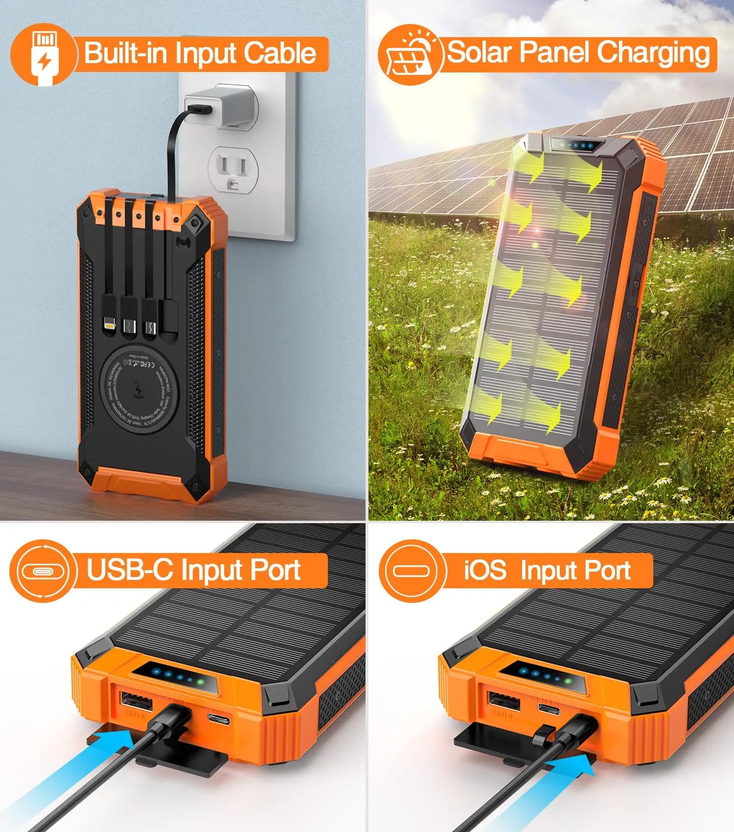 GNC W22 Solar Battery Power Bank - 15W Fast Charger Portable Charger, 4 Built-In Cables, 6 Outputs, 3 Inputs, Dual Built-In Flashlight, Carabiner, Universal Device Compatibility, Clip-On Design, Portable Chargers