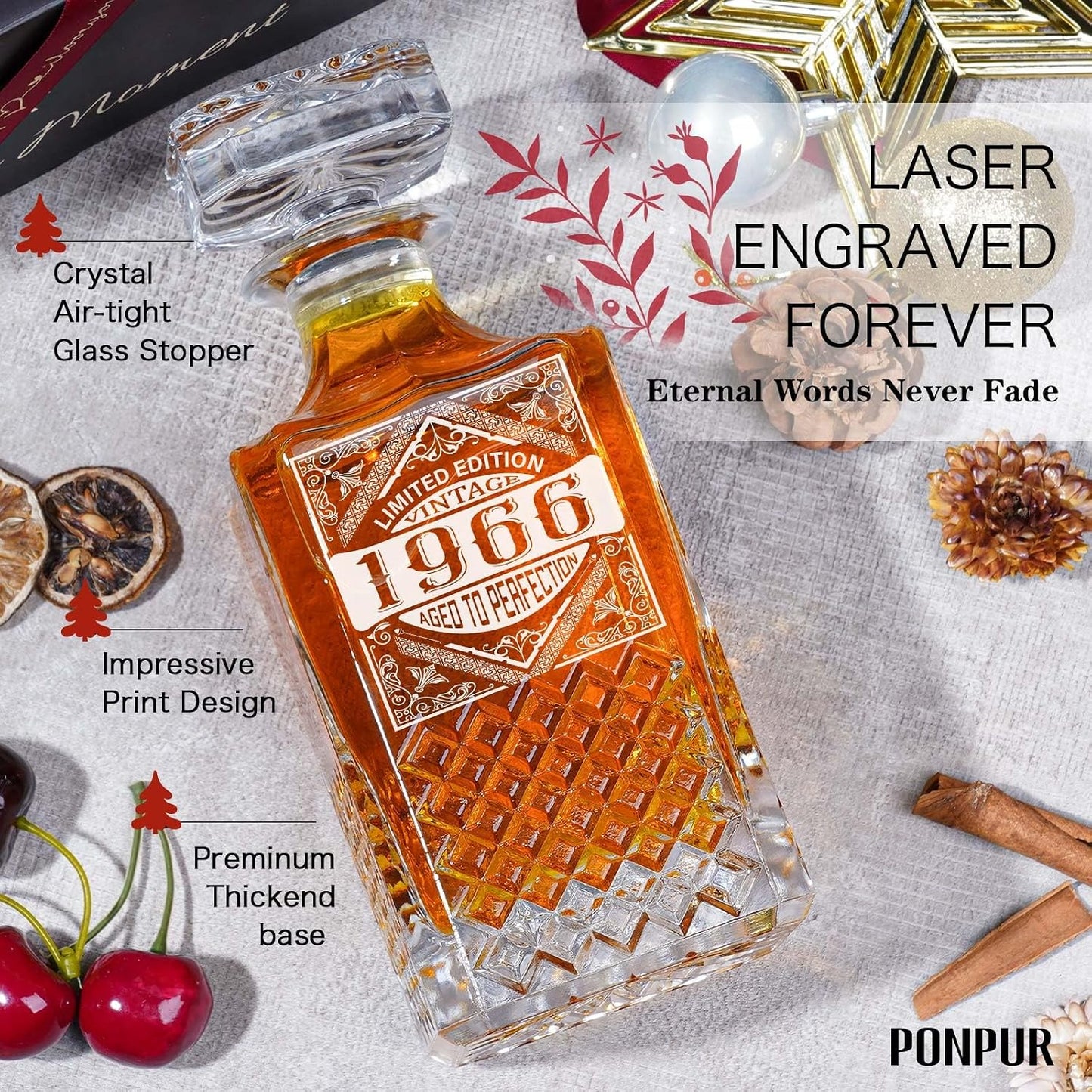 1966 60Th Birthday Gifts for Men Dad, 1966 Laser Whiskey Decanter Set with Gift Box, Anniversary Bday Gift Ideas for Him Husband, 60 Years Decorations, Whiskey Glasses & Whisky Stones Inc.