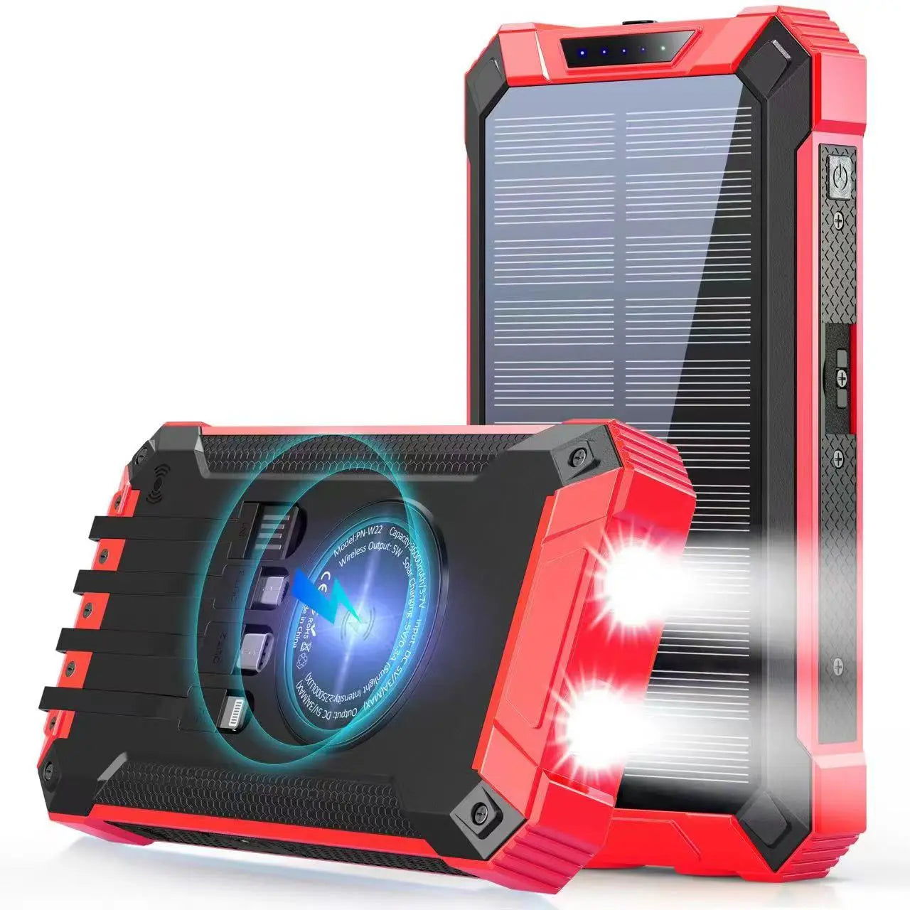 GNC W22 Solar Battery Power Bank - 15W Fast Charger Portable Charger, 4 Built-In Cables, 6 Outputs, 3 Inputs, Dual Built-In Flashlight, Carabiner, Universal Device Compatibility, Clip-On Design, Portable Chargers