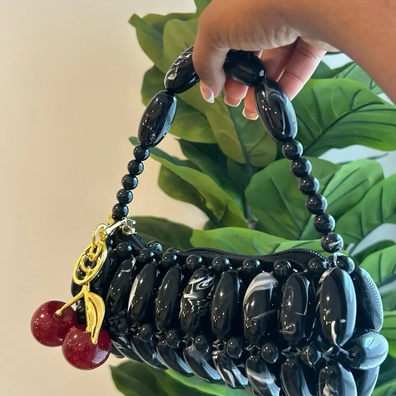 Bubblegum Handmade Beaded Bag for Outing Beaded Purse with Cherry Charm and Zipper Closure