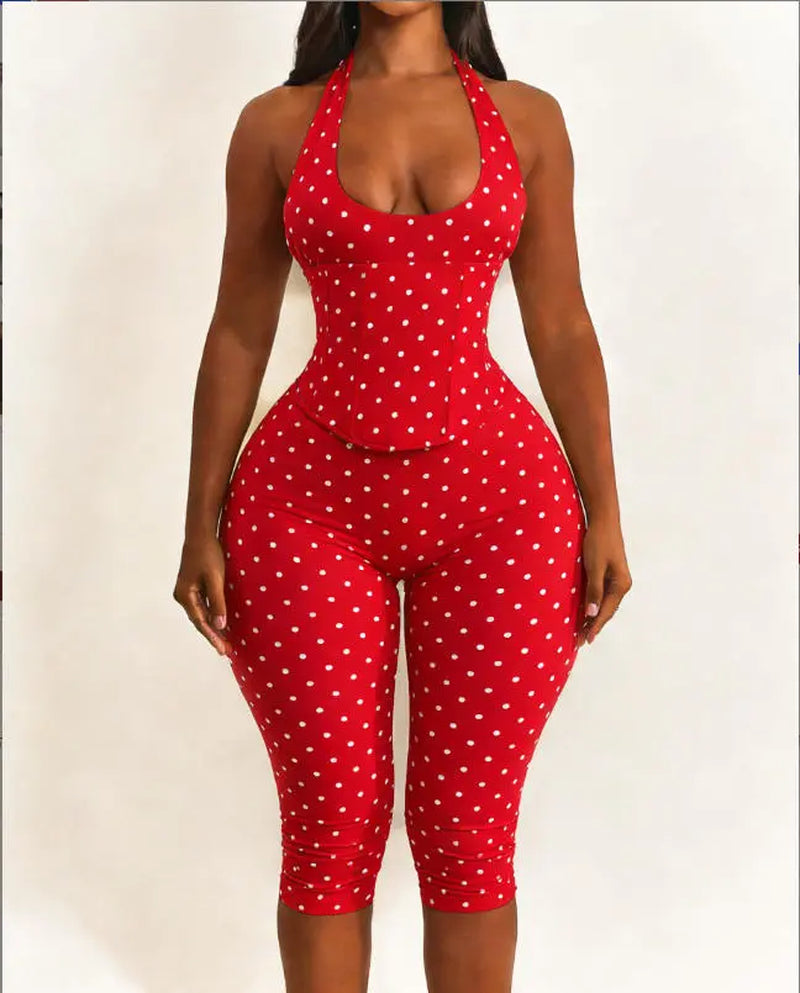 Women’S Seamless Polka Dot Shapewear Halter Bodysuit 2-Piece Set, Tummy Control & Butt Lift Waist Trainer