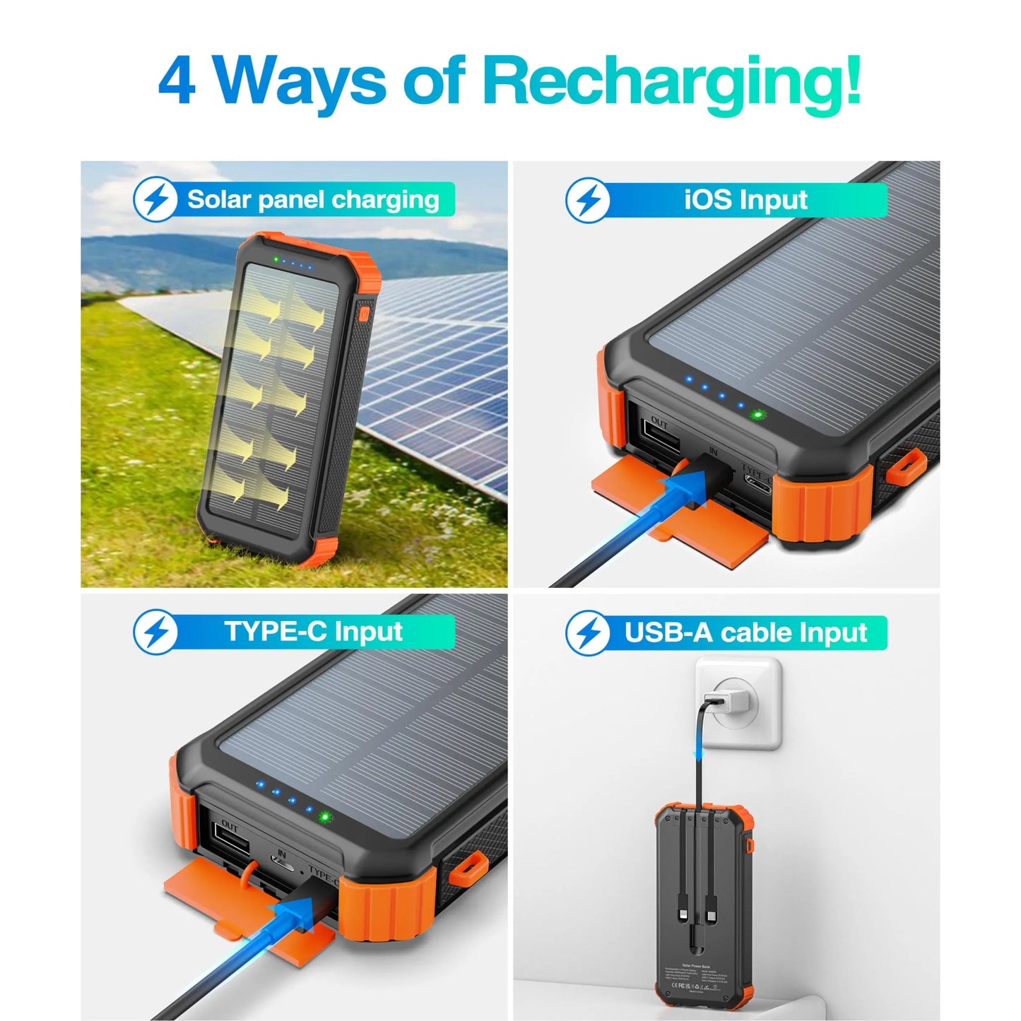 45800Mah Solar Power Bank, Built in 3 Cables Portable Phone Charger with USB C, 5V3.1A QC 3.0 Fast Charging, Compatible with Iphone, Samsung, Google, Apple, and More Smartphone Tiktokshopbacktoschool