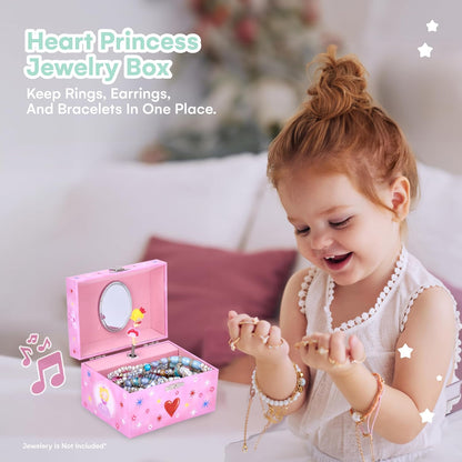 Musical Jewelry Box for Girls - Heart Princess - Ballerina Design with Classic Music - Storage Holder with Secure Drawer for Necklace, Rings, Earrings, Bracelets - 3.1"Hx5.5"Lx3.9"W, Pink