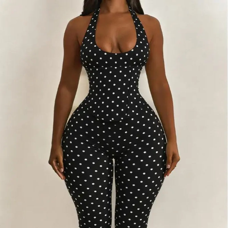 Women’S Seamless Polka Dot Shapewear Halter Bodysuit 2-Piece Set, Tummy Control & Butt Lift Waist Trainer