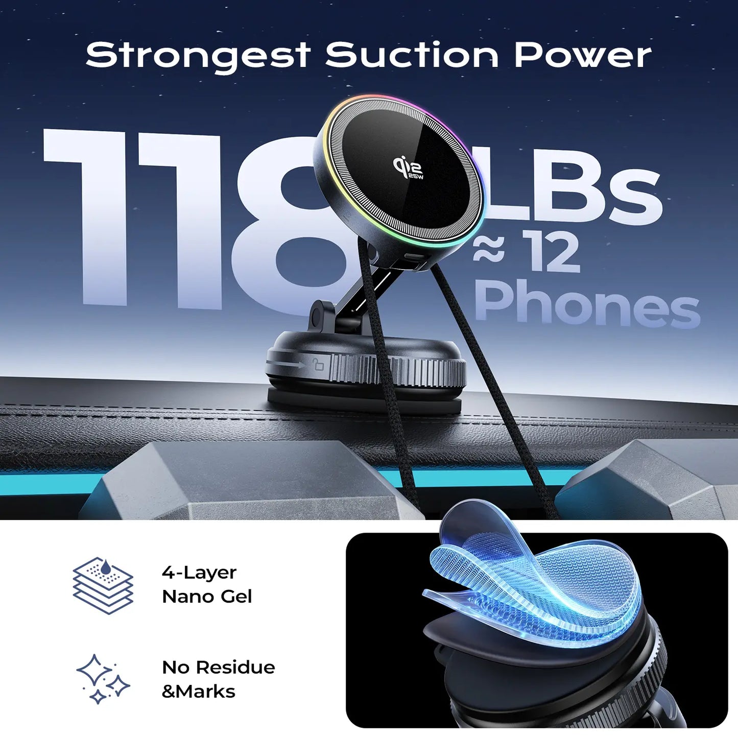 Qi2.2 25W Magsafe Car Mount Charger, Magsafe Car Charger, Suction Wireless Charger,Air Vent/Dashboard Magnetic Wireless Phone Holder Mount for Iphone 17/16/15/14/13/12, Galaxy S25, Pixel 10, Fast Charging