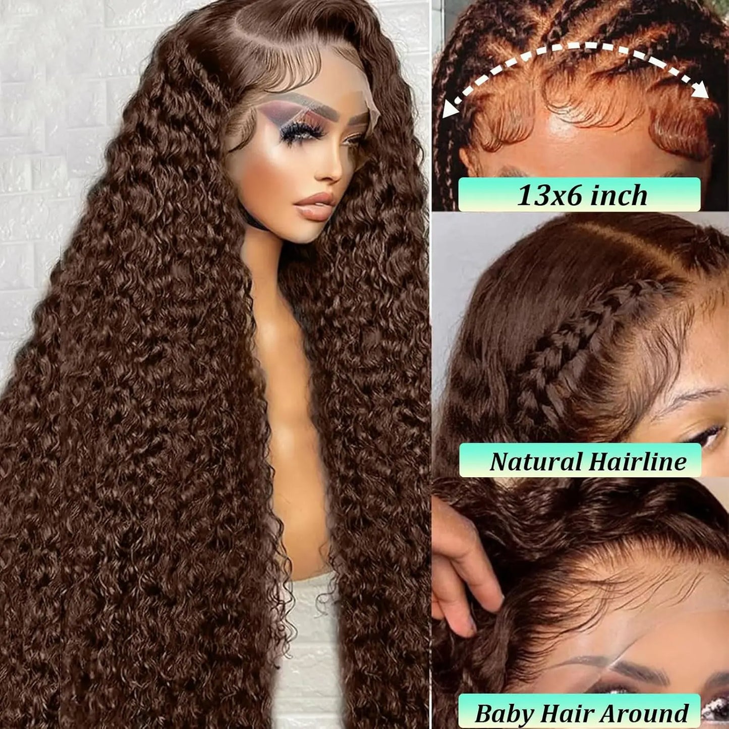 Chocolate Brown 13X6 Lace Front Wigs Human Hair Deep Wave Wig, 180 Density HD Transparent Lace Frontal Deep Wave Wigs for Women, Pre Plucked with Baby Hair, Curly Wig Brown Color